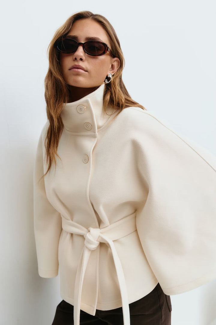 Cape Veste Femme Coupe Régulière Col Montant Ceinture Nœud Hiver