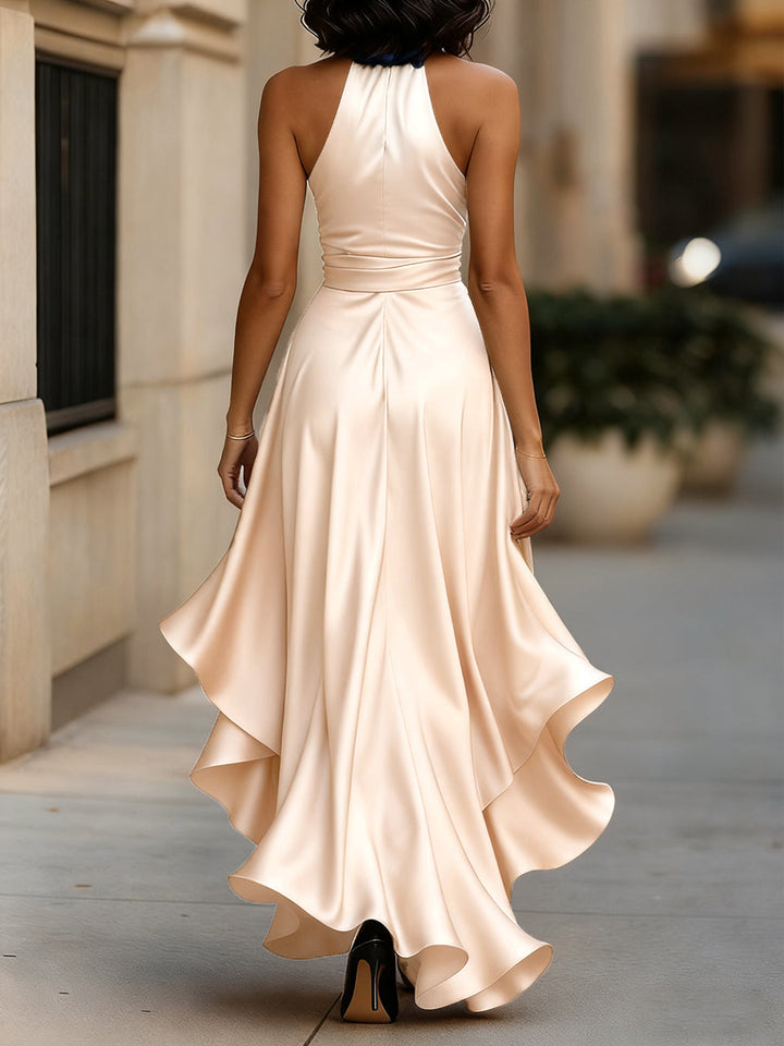 Damen Halter Rüschenkleid – Satin, Abendkleidung, Einfarbiges Design
