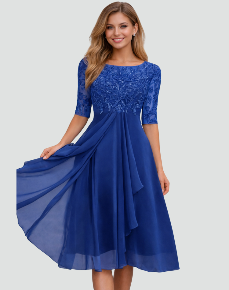 Robe de soirée midi pour femme, coupe droite, dentelle, manches trois quarts