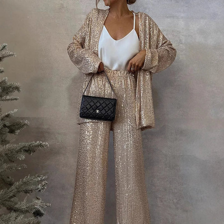 Ensemble de soirée à paillettes pour femmes - Haut moulant et pantalon de fête taille haute