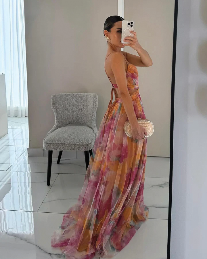 Maxikleid für Hochzeitsgäste | Floral Plissiert