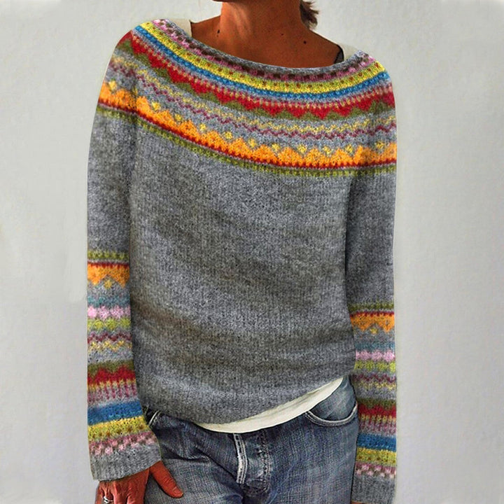 Damen Norwegischer Fair Isle Pullover – Nordischer Rundhals Strickpullover