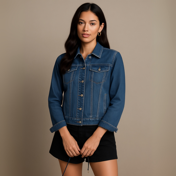 Basic taillierte Stretch-Jeansjacke mit Knopfleiste und langen Ärmeln