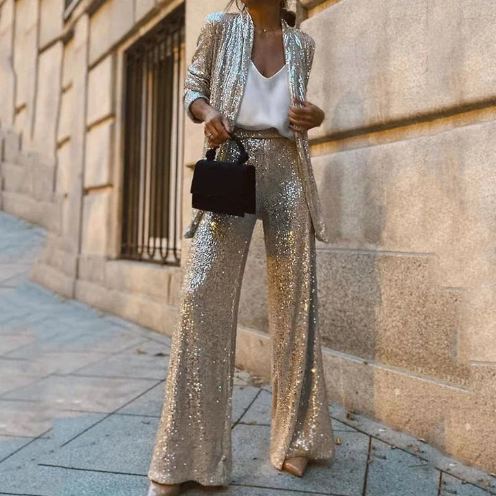 Ensemble de soirée à paillettes pour femmes - Haut moulant et pantalon de fête taille haute