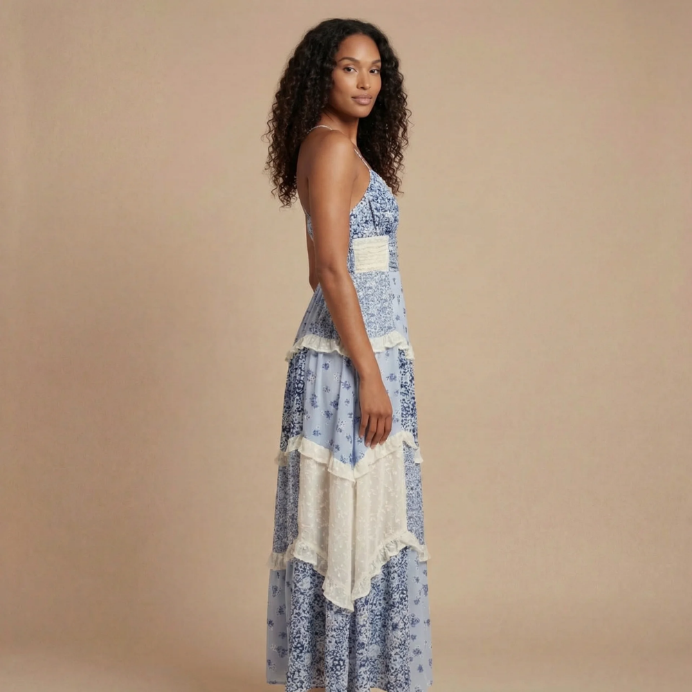 Ashley - Maxikleid mit floralem Druck, gestuften Rüschen und Spitzenbesatz