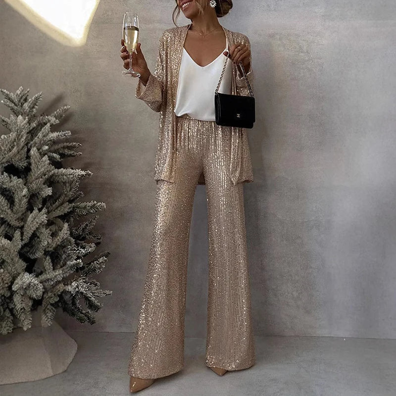 Ensemble de soirée à paillettes pour femmes - Haut moulant et pantalon de fête taille haute