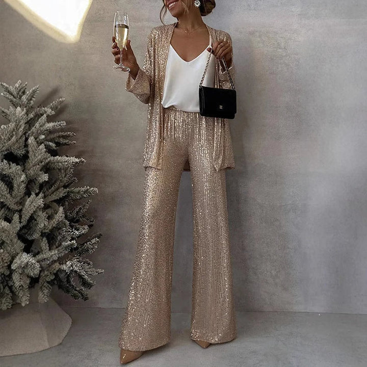 Ensemble de soirée à paillettes pour femmes - Haut moulant et pantalon de fête taille haute