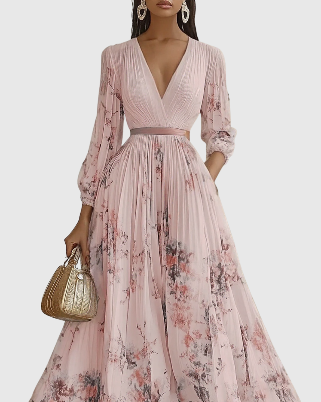 Maxikleid für Hochzeitsgäste | Plissierter V-Ausschnitt