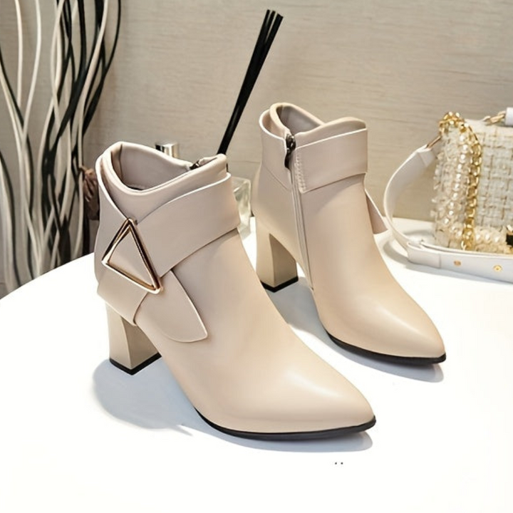 Damen Stiefeletten Blockabsatz Spitz zulaufend mit Schnalle Reißverschluss
