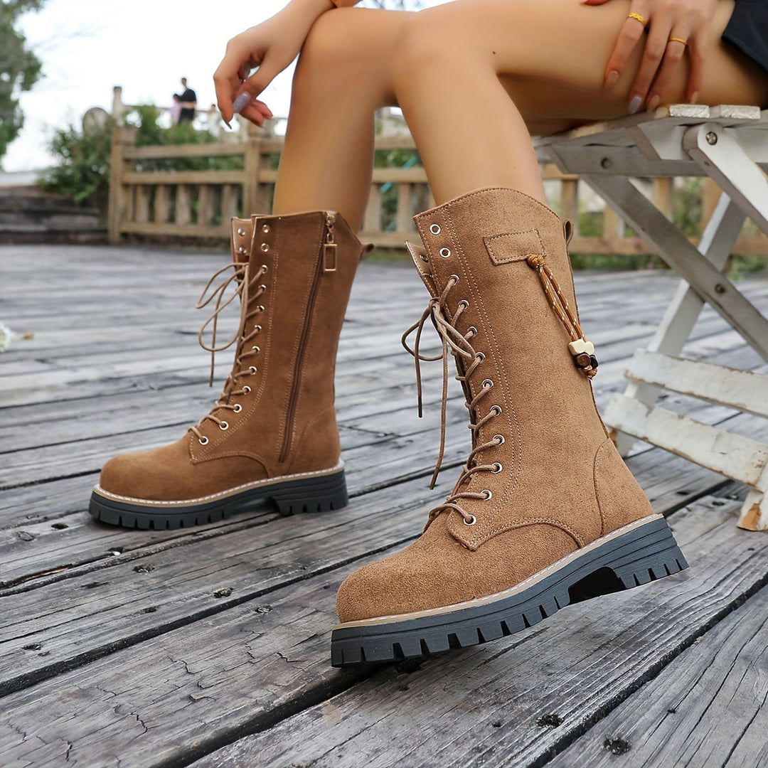 Damen Schnürstiefeletten knöchelhoch mit Profilsohle und Reißverschluss, braun