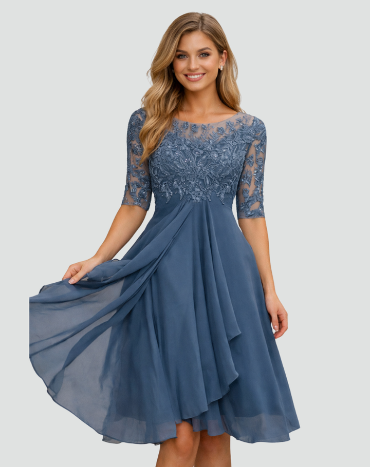 Robe de soirée midi pour femme, coupe droite, dentelle, manches trois quarts
