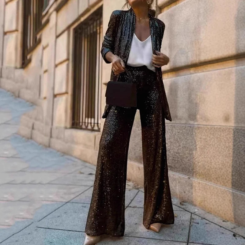 Ensemble de soirée à paillettes pour femmes - Haut moulant et pantalon de fête taille haute
