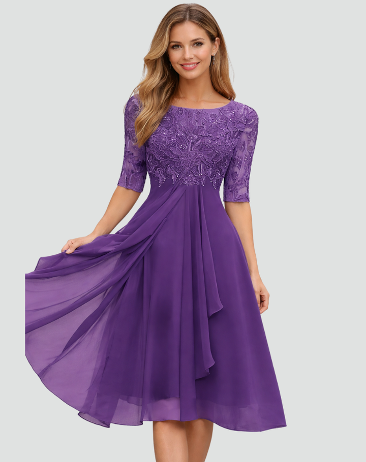 Robe de soirée midi pour femme, coupe droite, dentelle, manches trois quarts