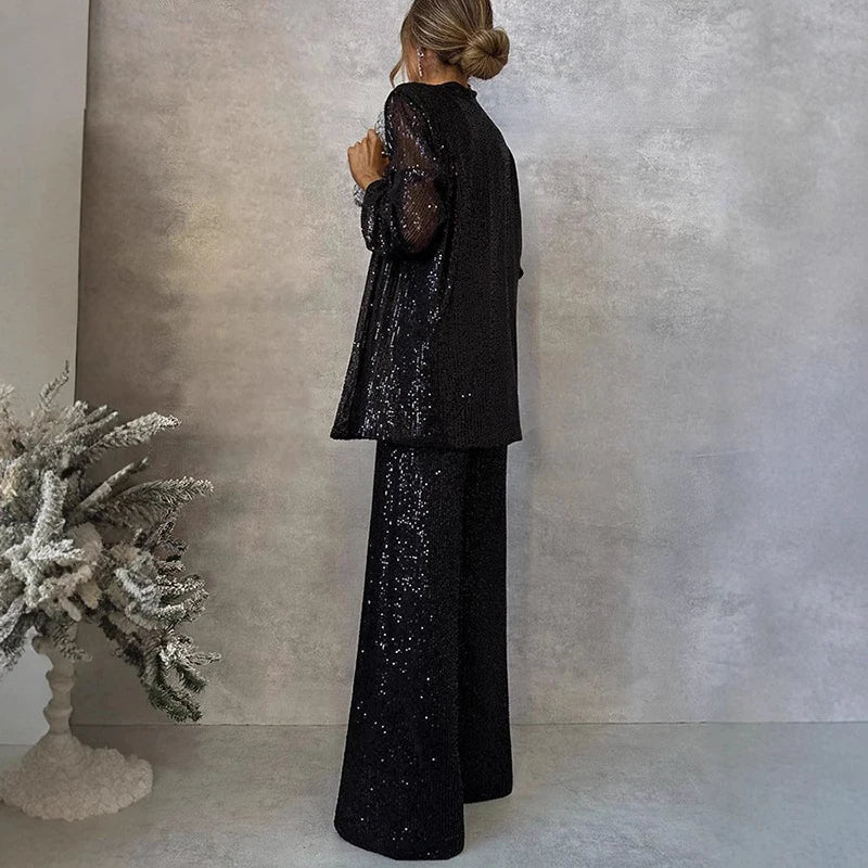 Ensemble de soirée à paillettes pour femmes - Haut moulant et pantalon de fête taille haute
