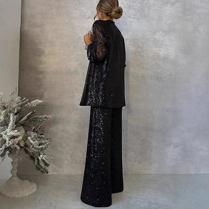Ensemble de soirée à paillettes pour femmes - Haut moulant et pantalon de fête taille haute