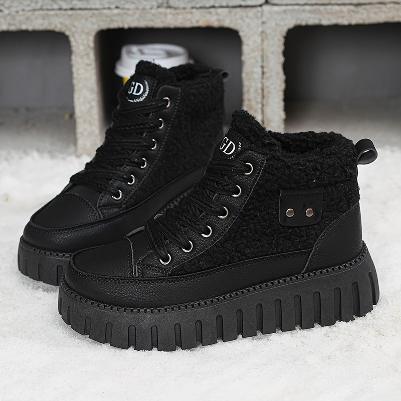 Damen Plateau Stiefel mit Teddyfutter, Schnürung und Profilsohle