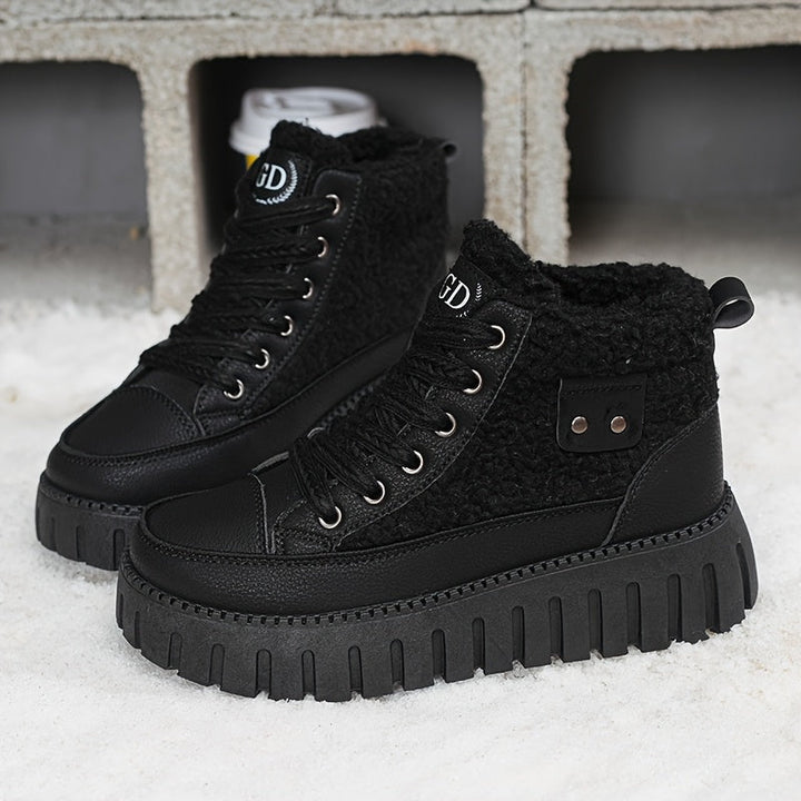 Damen Plateau Stiefel mit Teddyfutter, Schnürung und Profilsohle