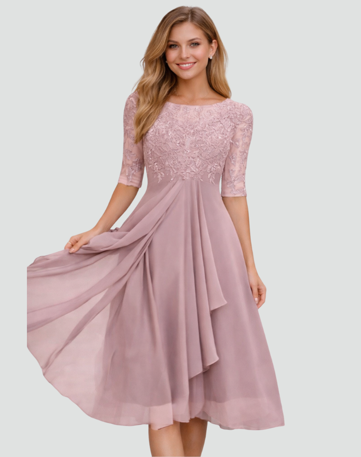 Robe de soirée midi pour femme, coupe droite, dentelle, manches trois quarts