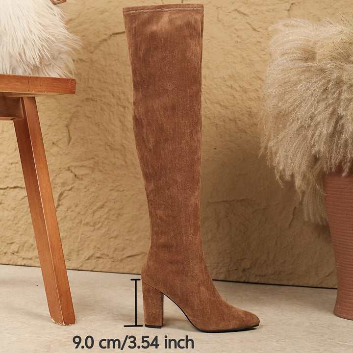 Damen Overknee Stiefel Braun Blockabsatz Spitz zulaufend Wildleder-Optik