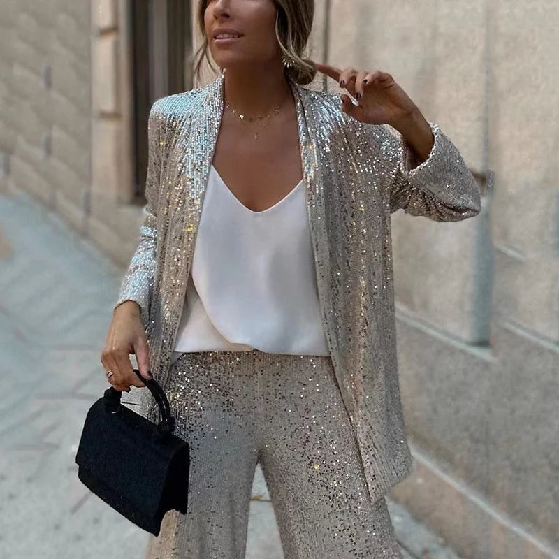 Ensemble de soirée à paillettes pour femmes - Haut moulant et pantalon de fête taille haute