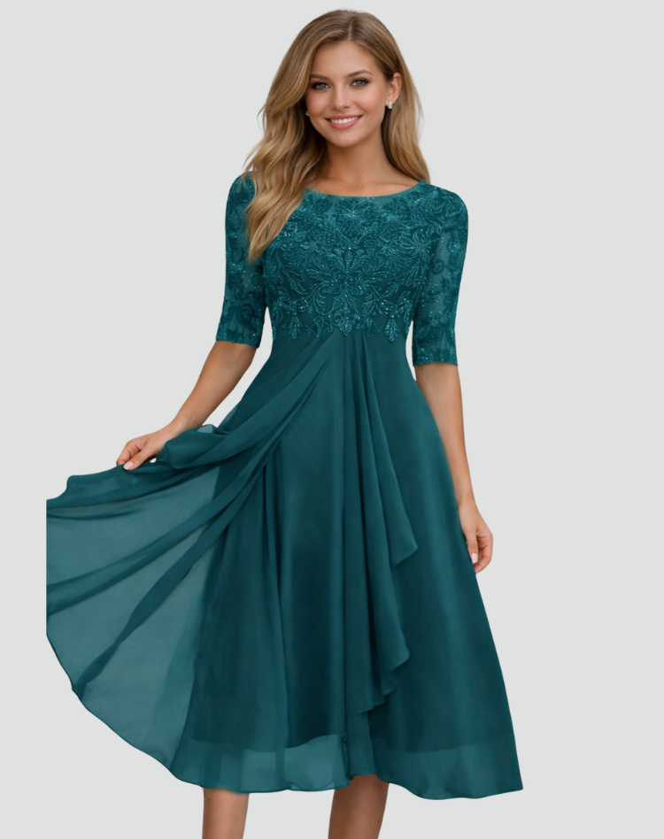 Robe de soirée midi pour femme, coupe droite, dentelle, manches trois quarts