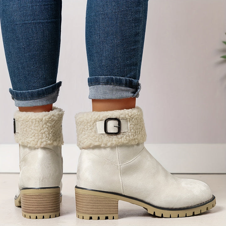 Damen Stiefeletten mit Schnalle, Teddyfellrand und Profilsohle