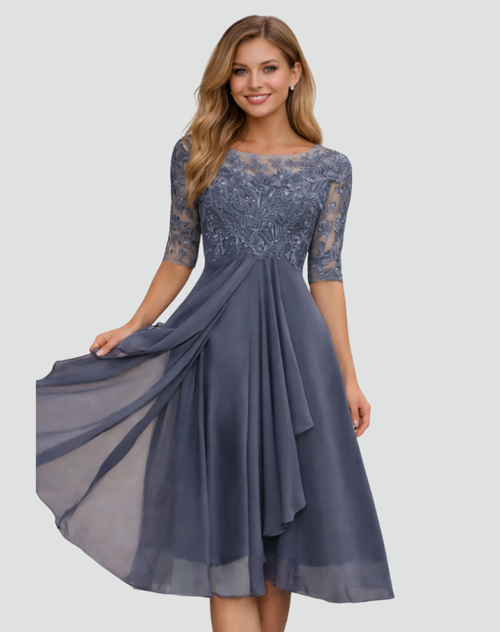 Robe de soirée midi pour femme, coupe droite, dentelle, manches trois quarts