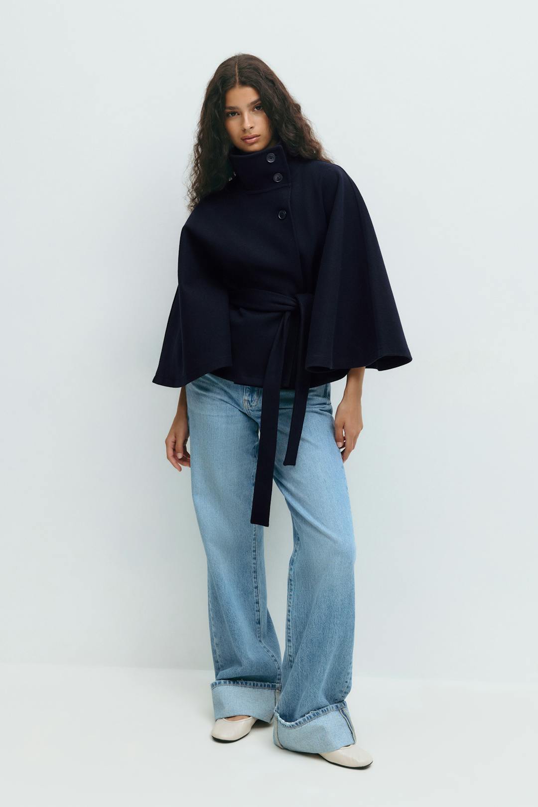 Cape Veste Femme Coupe Régulière Col Montant Ceinture Nœud Hiver