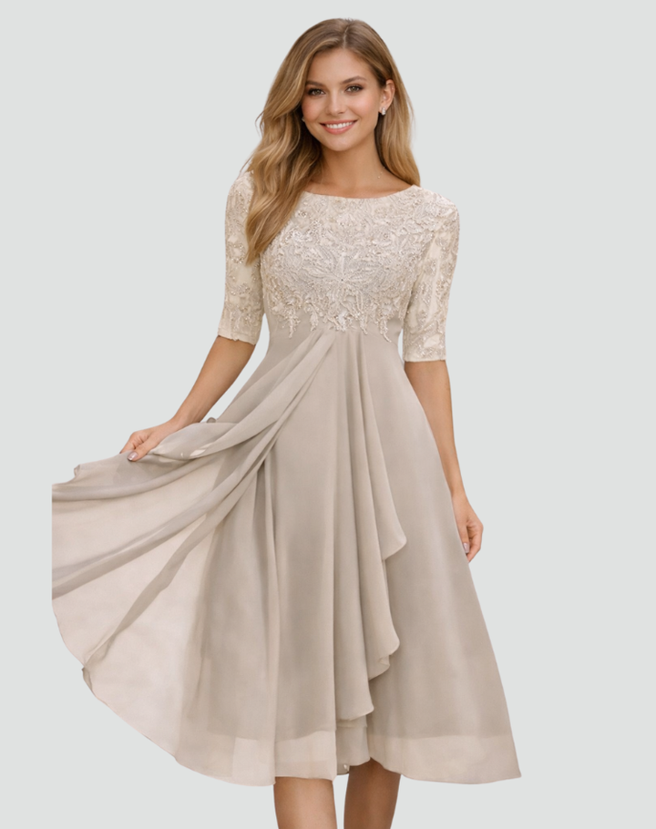 Robe de soirée midi pour femme, coupe droite, dentelle, manches trois quarts