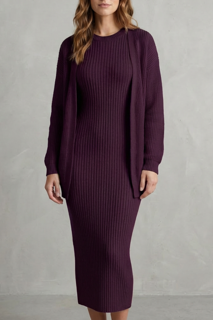 Set Damen - Geripptes Strick-Zwei-Teile-Outfit mit Kleid und Cardigan