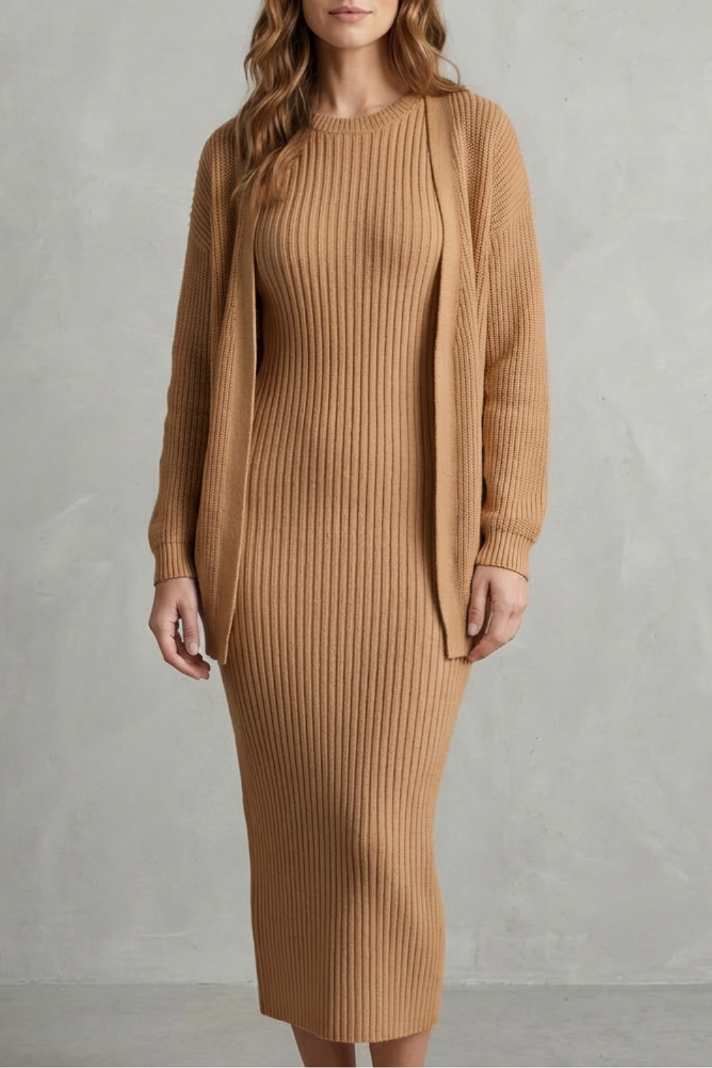 Set Damen - Geripptes Strick-Zwei-Teile-Outfit mit Kleid und Cardigan