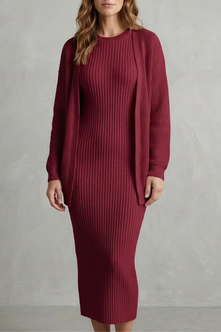 Set Damen - Geripptes Strick-Zwei-Teile-Outfit mit Kleid und Cardigan