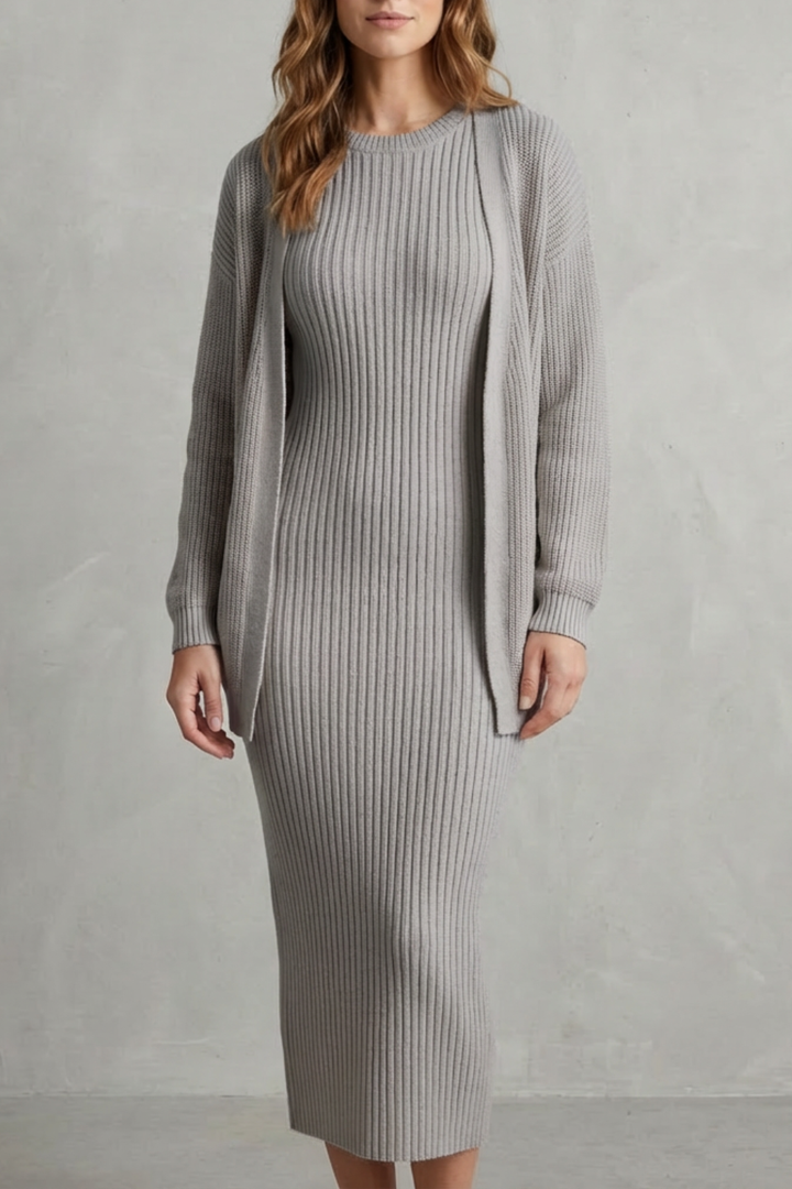 Set Damen - Geripptes Strick-Zwei-Teile-Outfit mit Kleid und Cardigan