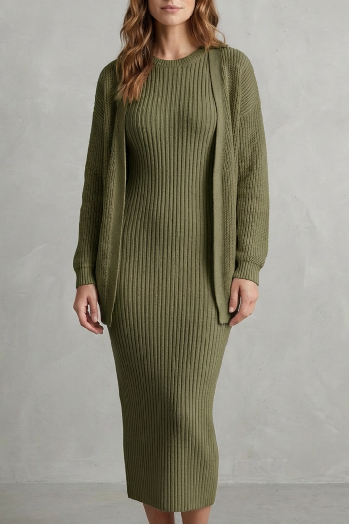 Set Damen - Geripptes Strick-Zwei-Teile-Outfit mit Kleid und Cardigan