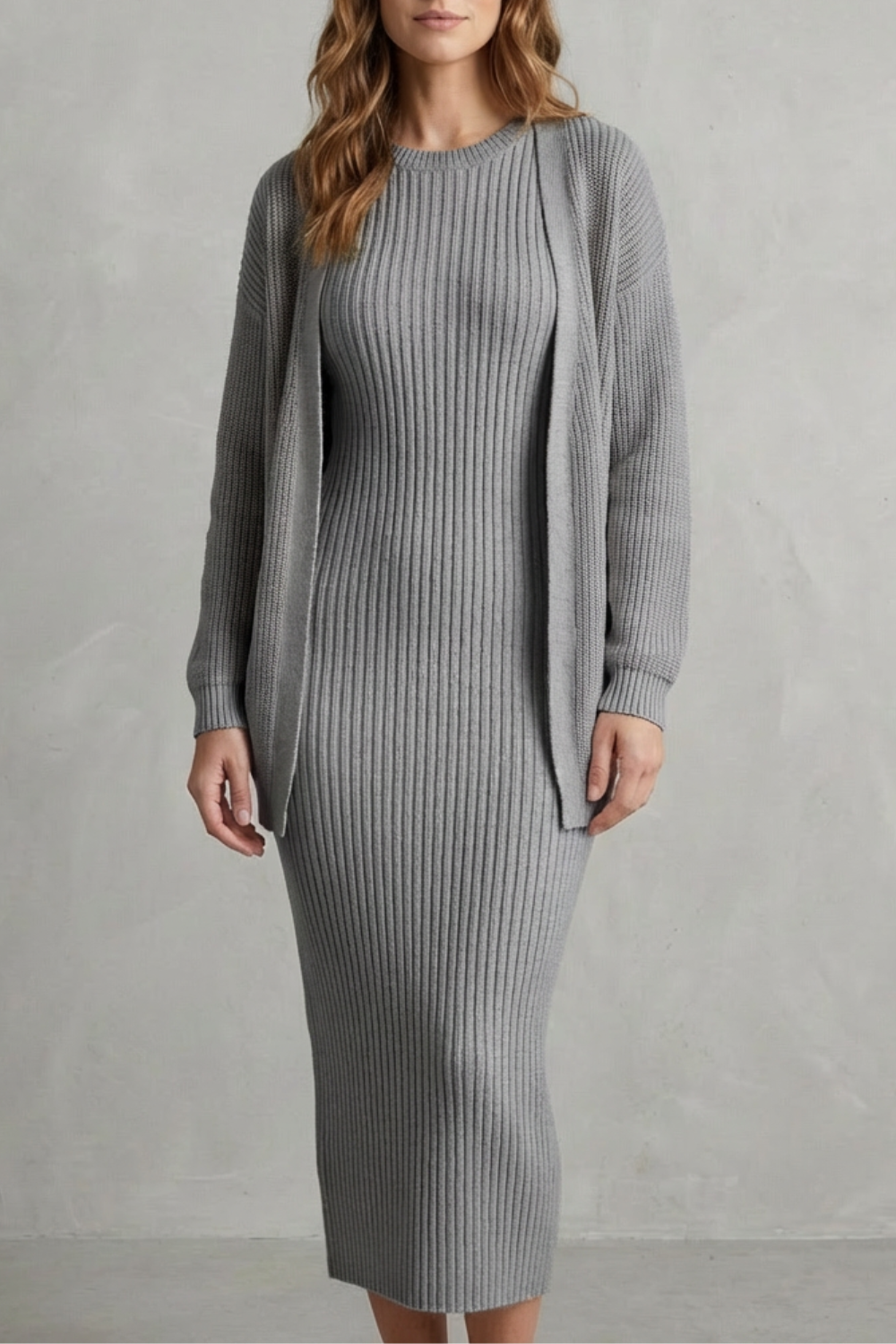 Set Damen - Geripptes Strick-Zwei-Teile-Outfit mit Kleid und Cardigan