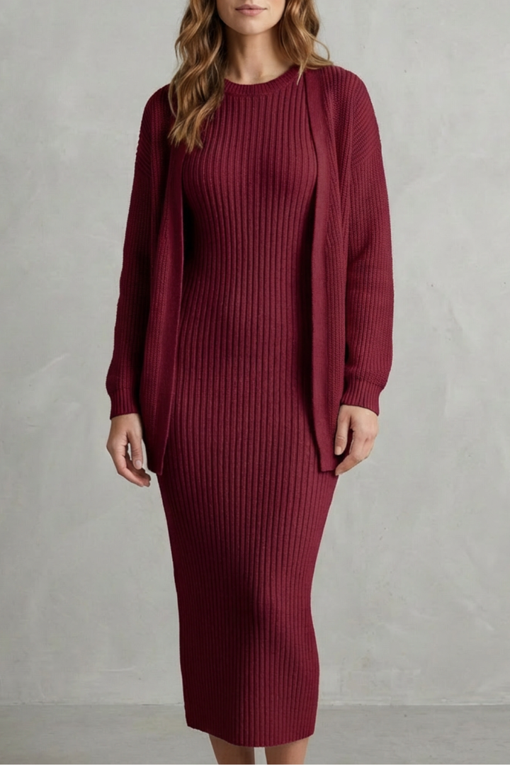 Set Damen - Geripptes Strick-Zwei-Teile-Outfit mit Kleid und Cardigan