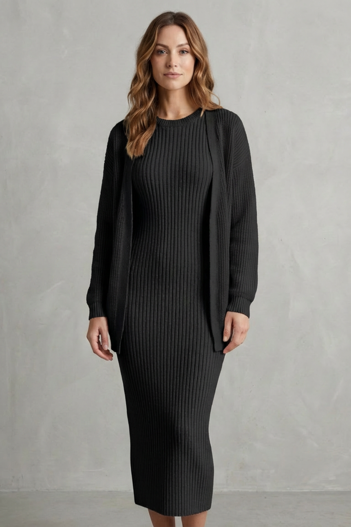 Set Damen - Geripptes Strick-Zwei-Teile-Outfit mit Kleid und Cardigan