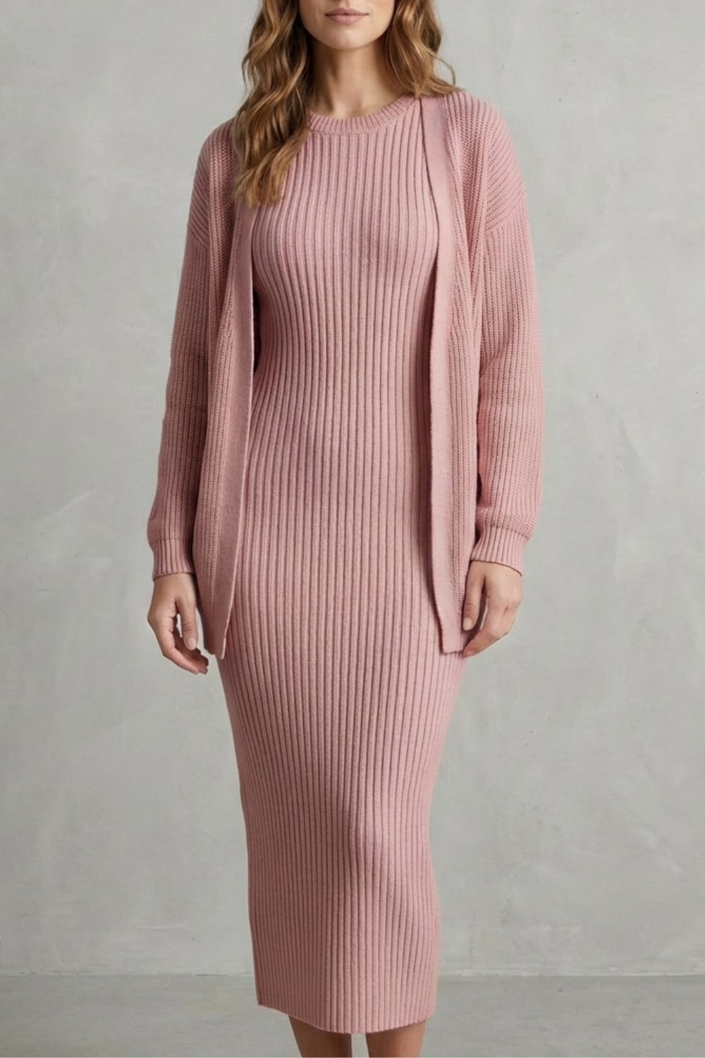 Set Damen - Geripptes Strick-Zwei-Teile-Outfit mit Kleid und Cardigan