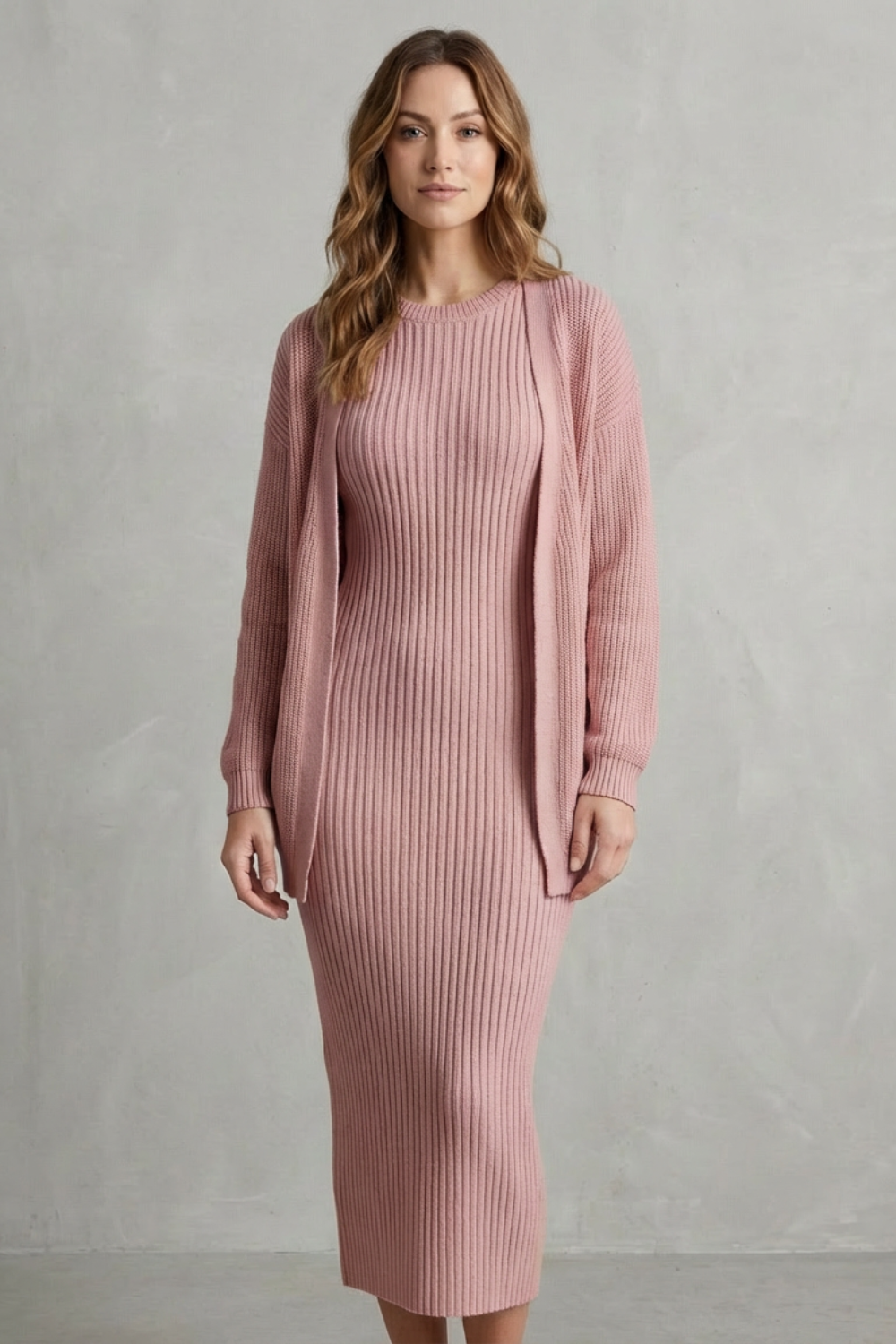 Set Damen - Geripptes Strick-Zwei-Teile-Outfit mit Kleid und Cardigan