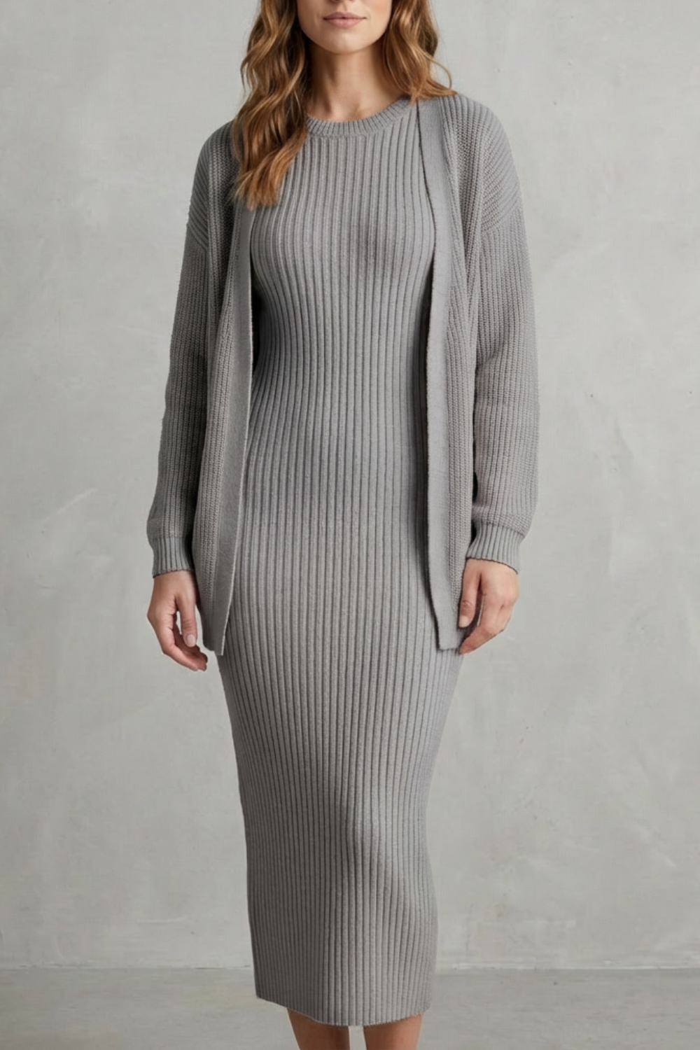 Set Damen - Geripptes Strick-Zwei-Teile-Outfit mit Kleid und Cardigan