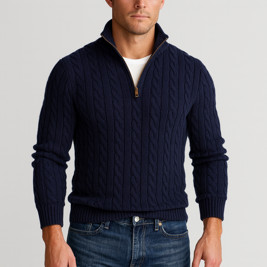 Kabelstrick Halb-Zip Pullover Herren Hoher Kragen