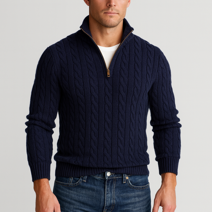 Kabelstrick Halb-Zip Pullover Herren Hoher Kragen