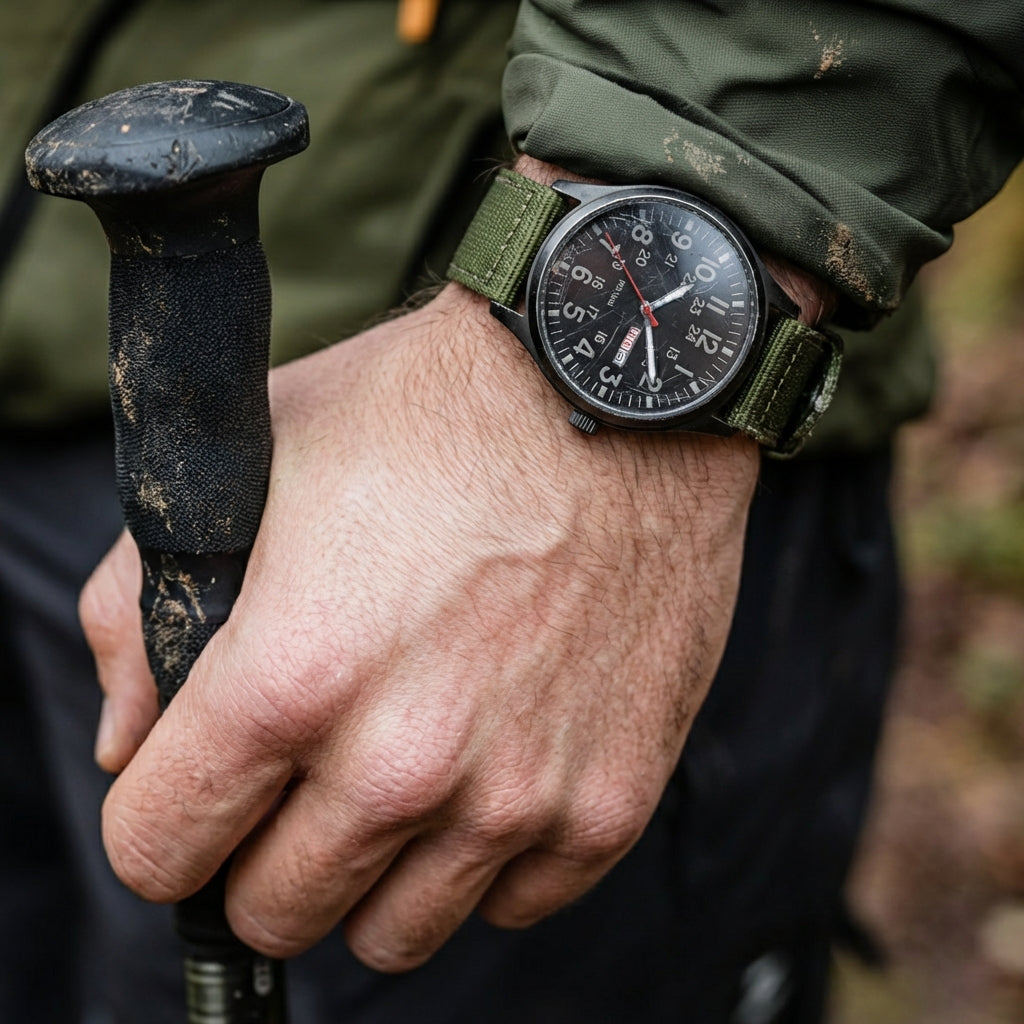 Klassische Herren-Felduhr mit Stoffarmband und Tages- sowie Datumsanzeige