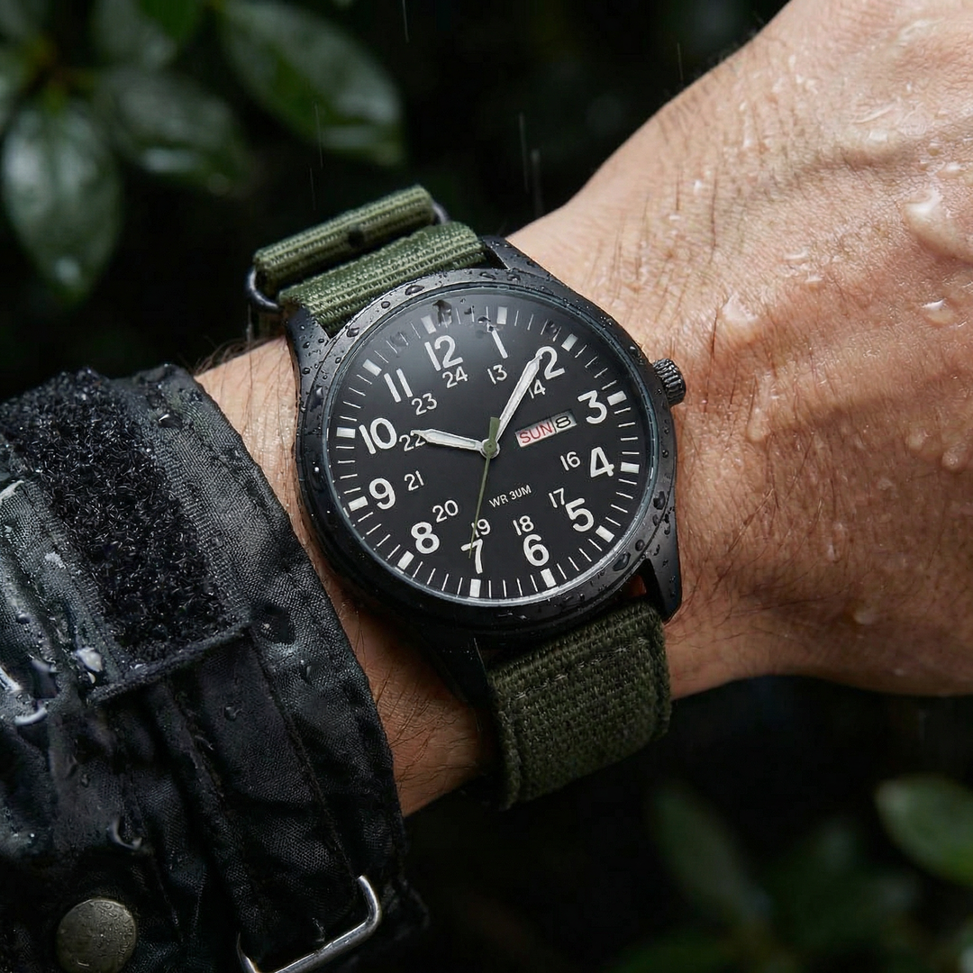 Klassische Herren-Felduhr mit Stoffarmband und Tages- sowie Datumsanzeige
