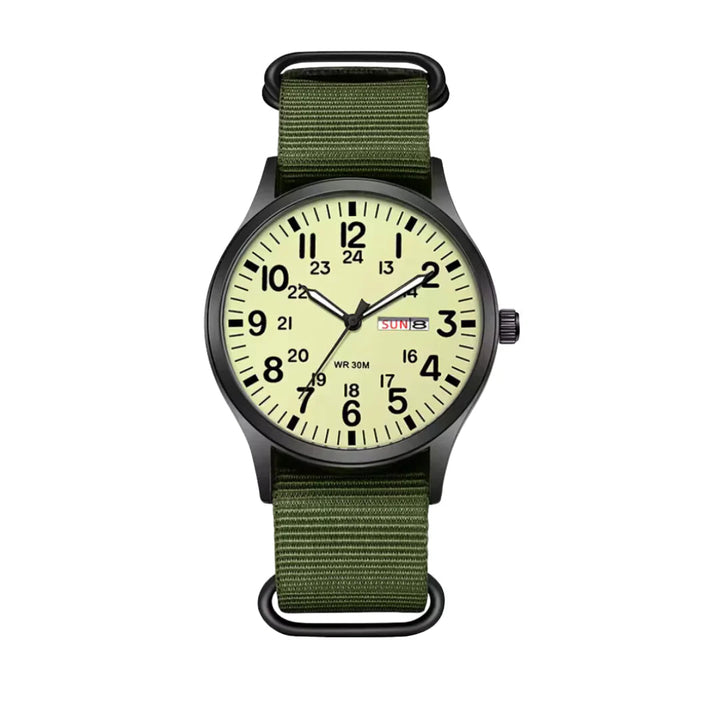 Klassische Herren-Felduhr mit Stoffarmband und Tages- sowie Datumsanzeige
