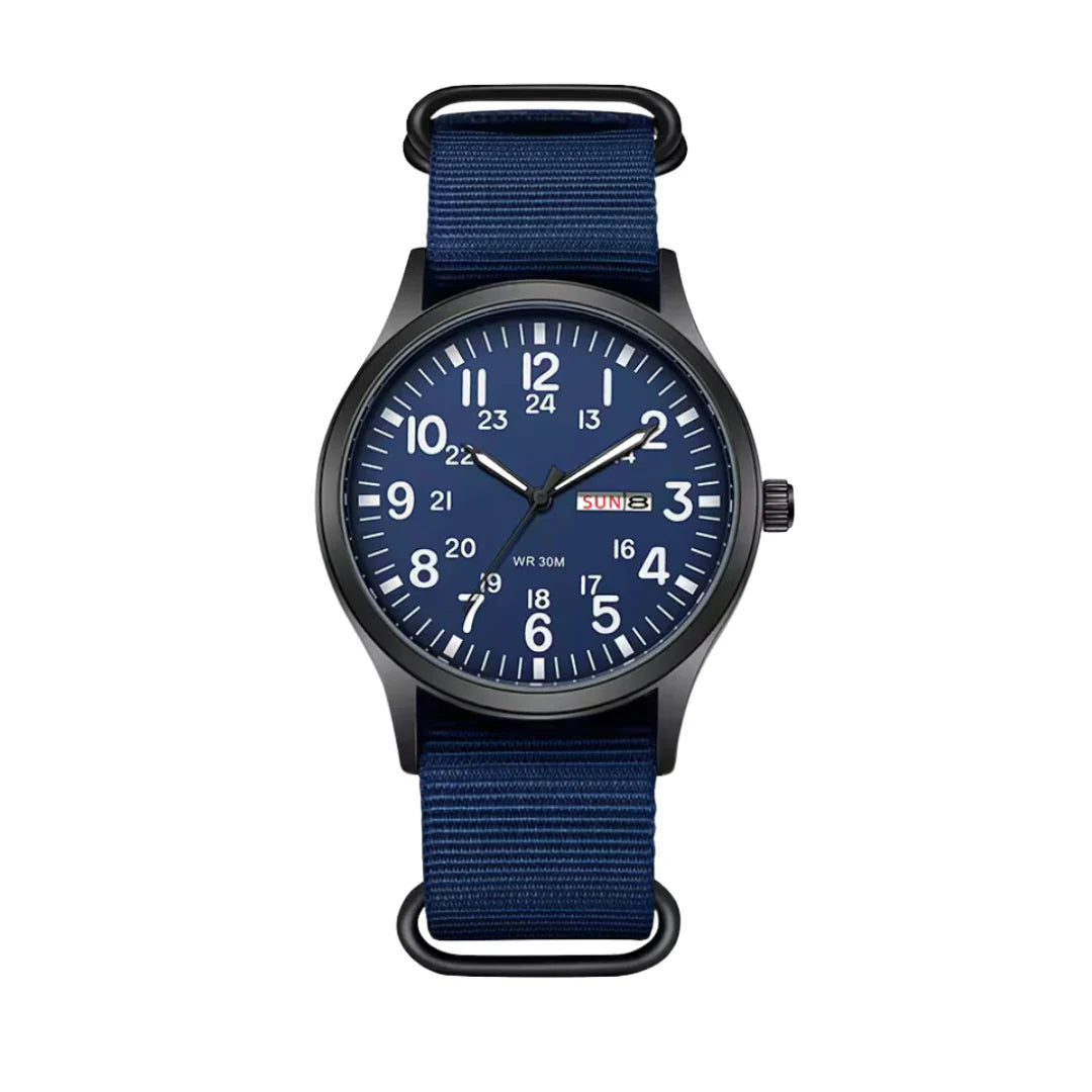 Klassische Herren-Felduhr mit Stoffarmband und Tages- sowie Datumsanzeige