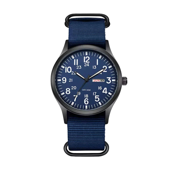 Klassische Herren-Felduhr mit Stoffarmband und Tages- sowie Datumsanzeige