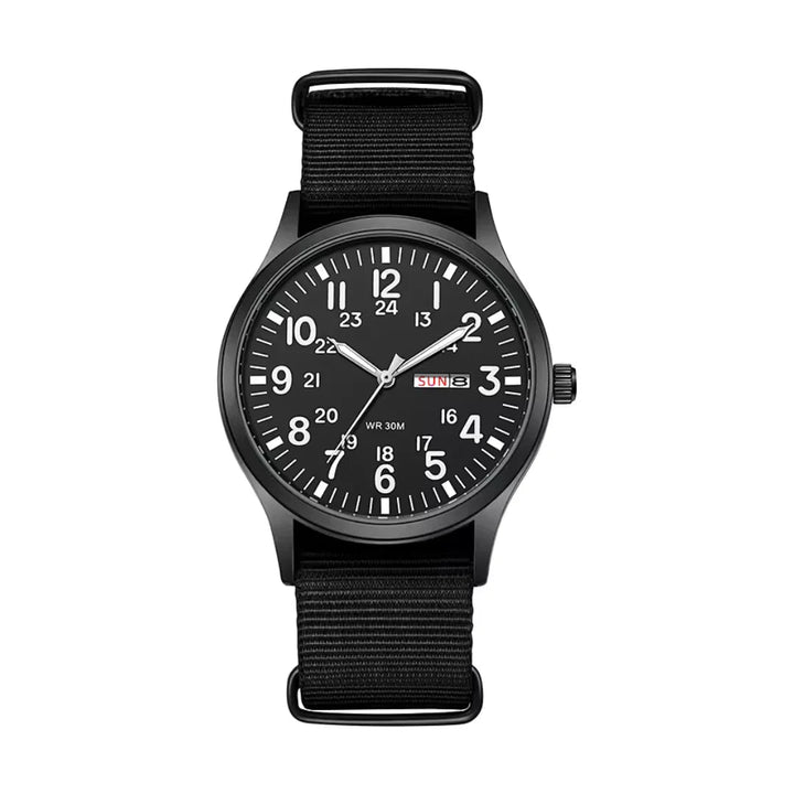 Klassische Herren-Felduhr mit Stoffarmband und Tages- sowie Datumsanzeige
