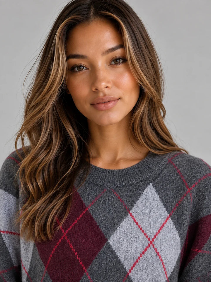 Pullover Damen - Argyle Strickpullover mit Rundhalsausschnitt