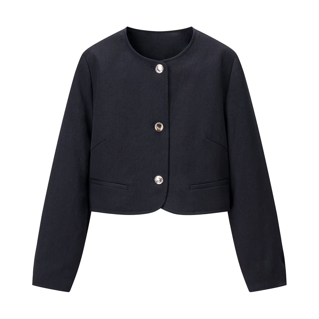 Saubere Damen-Cropped-Jacke mit kragenlosem Design und Knopfverschluss